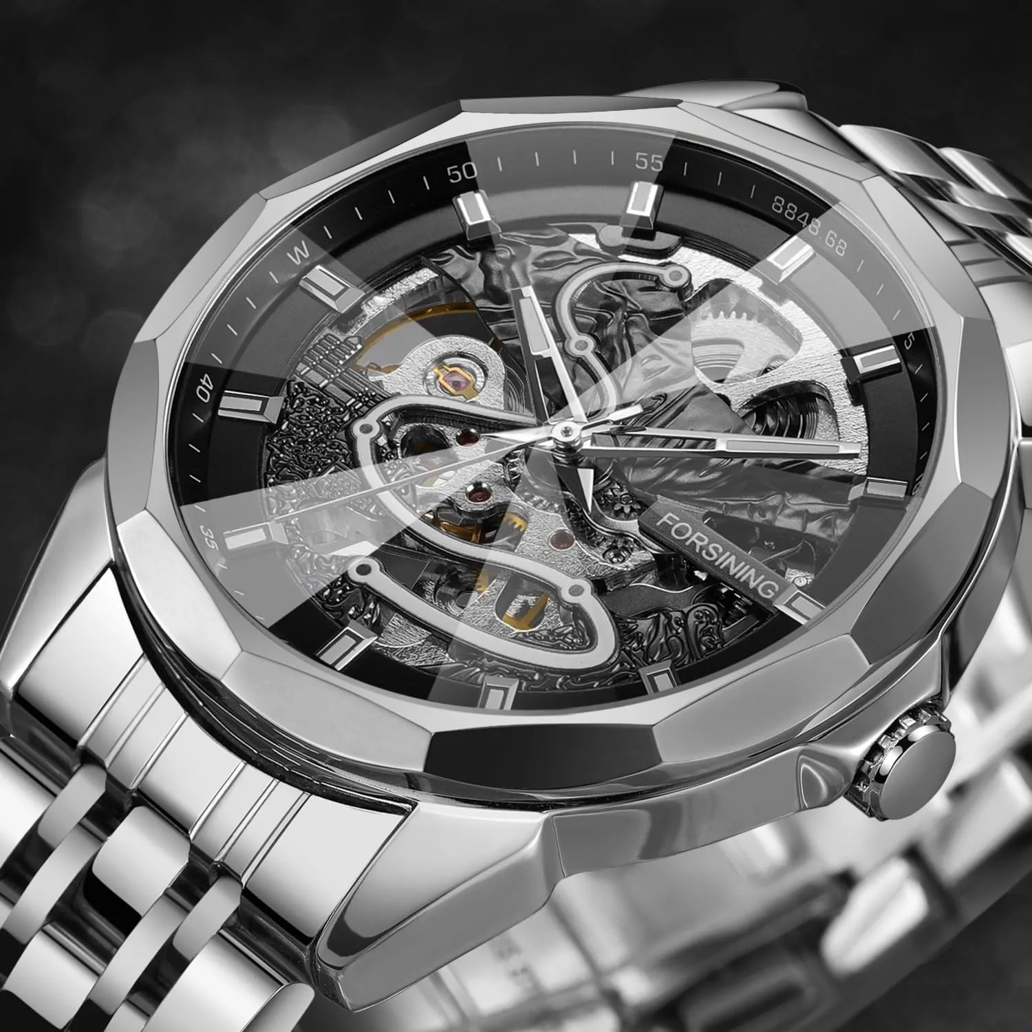 FORSINING Fashion Men Serpentine Skeleton Mechanical Watch Self-Winding Wristwatch Luxury Diamond Mirror Stainless Steel Waterproof Luminous Men's Automatic Watches