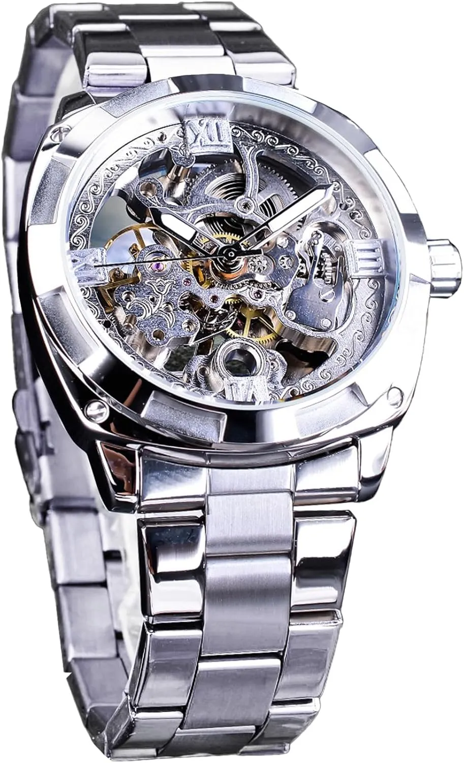 FORSINING Men's Luxury Skeleton Watch, Carving Hollow 41mm Big Dial with Square Bezel Wristwatch, Self-wind Automatic Mechanical Men Watches