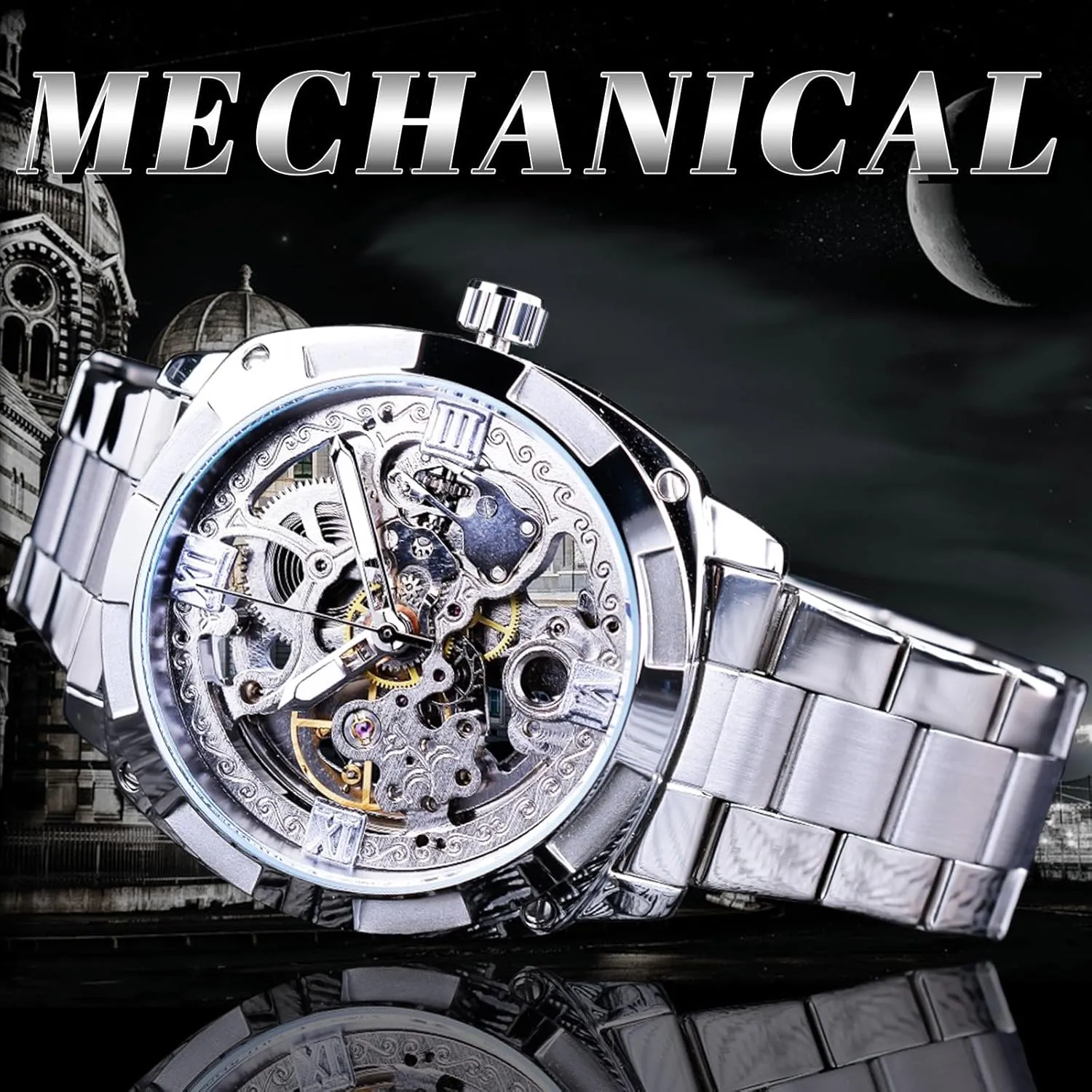 FORSINING Men's Luxury Skeleton Watch, Carving Hollow 41mm Big Dial with Square Bezel Wristwatch, Self-wind Automatic Mechanical Men Watches