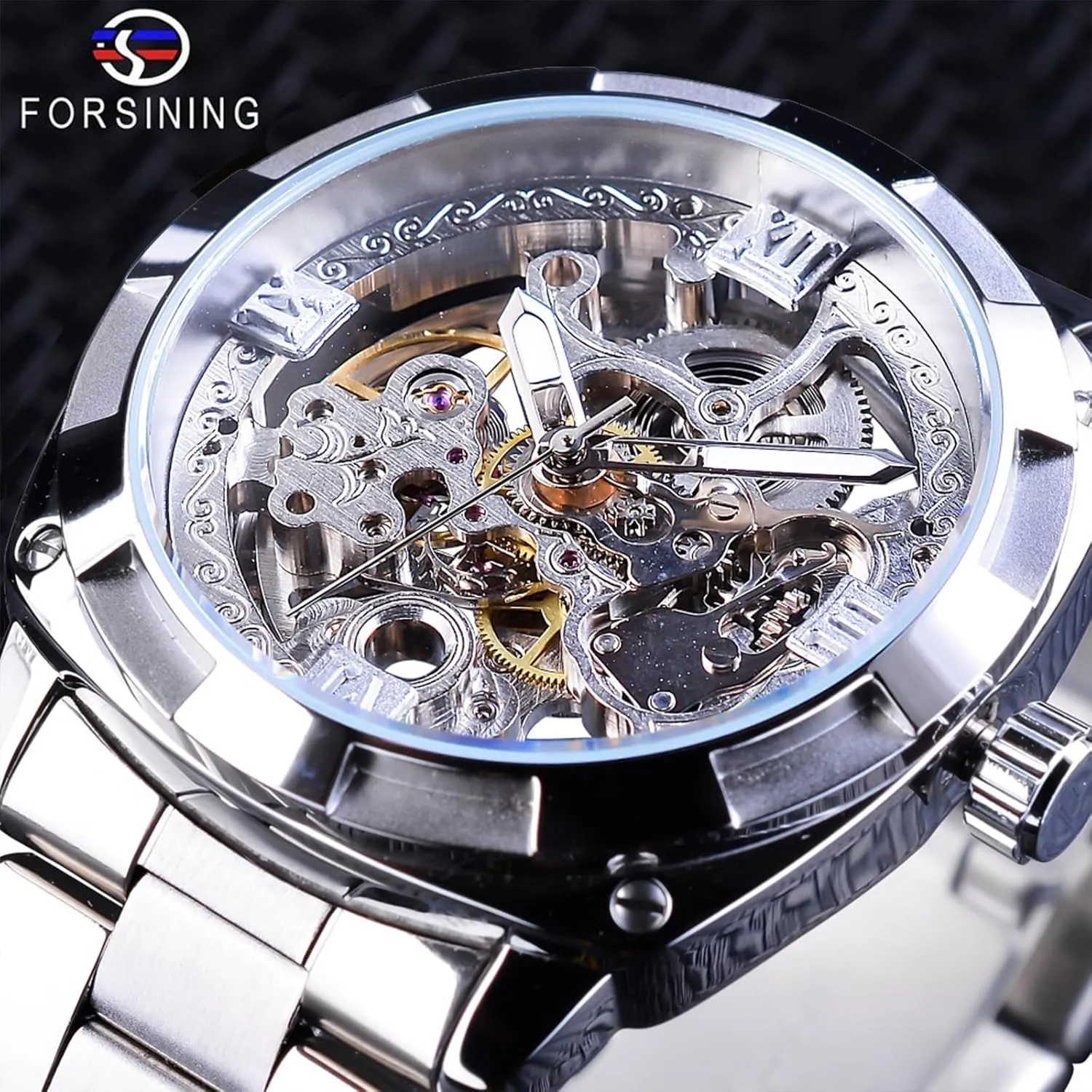 FORSINING Men's Luxury Skeleton Watch, Carving Hollow 41mm Big Dial with Square Bezel Wristwatch, Self-wind Automatic Mechanical Men Watches