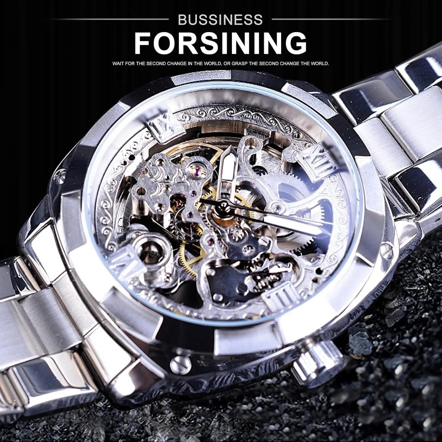 FORSINING Men's Luxury Skeleton Watch, Carving Hollow 41mm Big Dial with Square Bezel Wristwatch, Self-wind Automatic Mechanical Men Watches