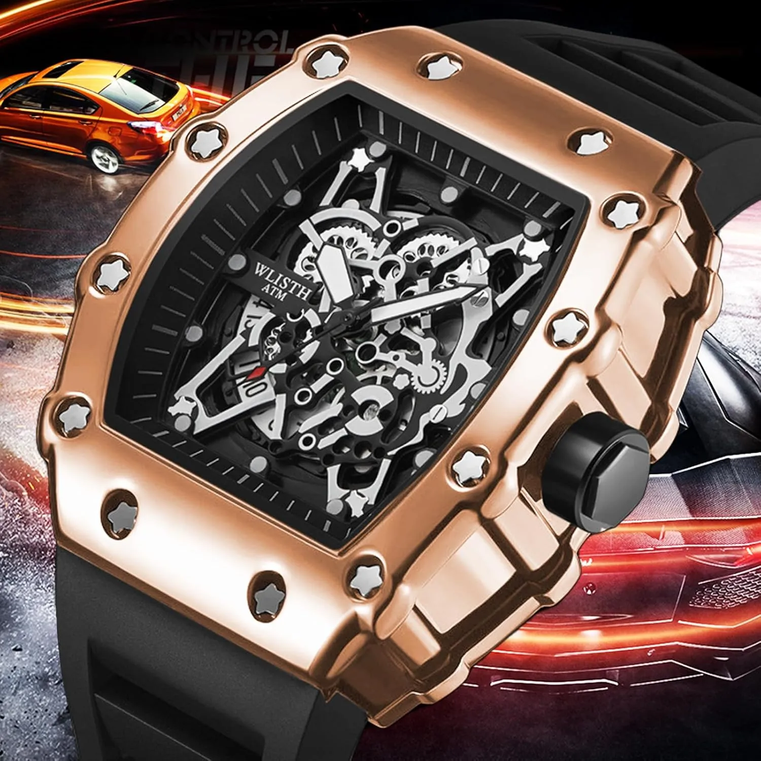 FORSINING Men's Luxury Skeleton Watch Gear Carving Design Rectangle Tonneau Large Dial Retro Gorgeous Sports Quartz Wristwatch Not Mechanical Watches