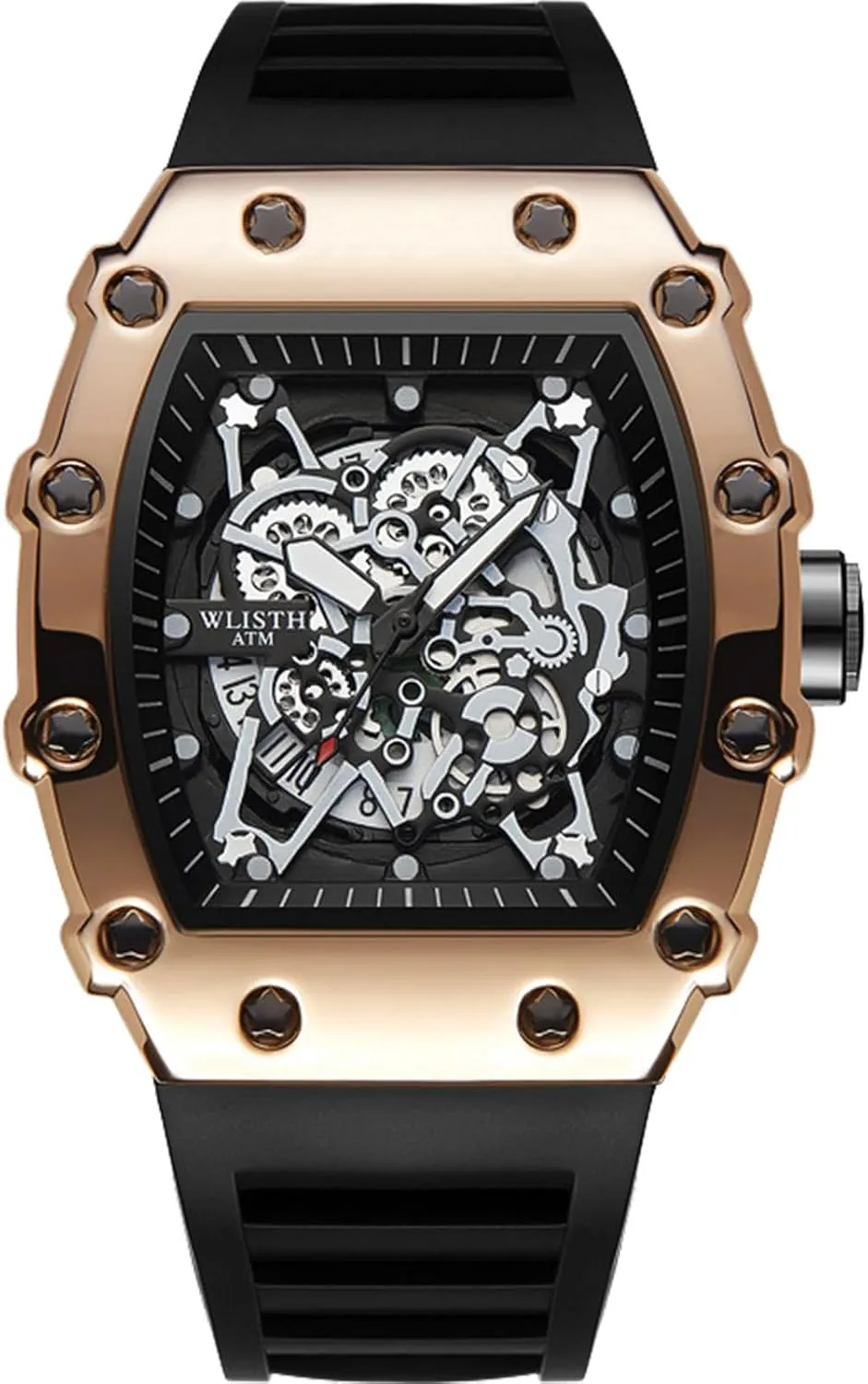 FORSINING Men's Luxury Skeleton Watch Gear Carving Design Rectangle Tonneau Large Dial Retro Gorgeous Sports Quartz Wristwatch Not Mechanical Watches