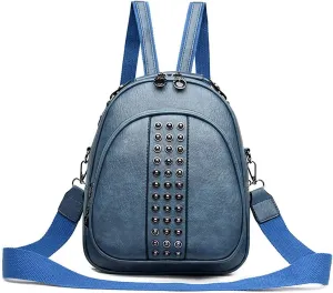 Functional and stylish women's multi-compartment small leather backpack. (Blue)