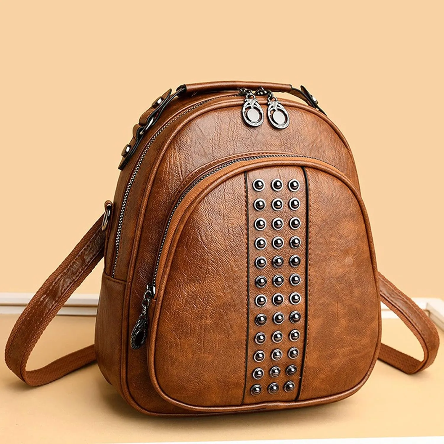 Functional and stylish women's multi-compartment small leather backpack. (Blue)