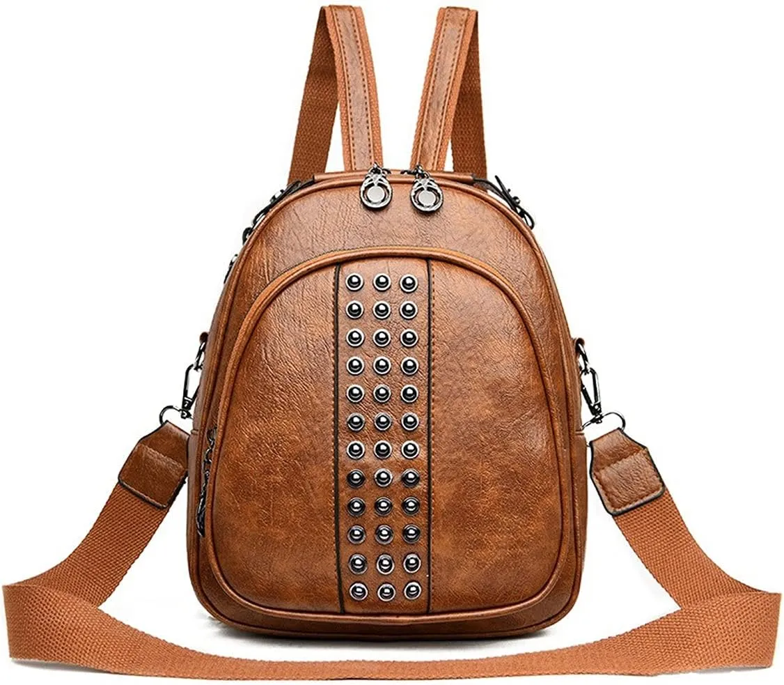 Functional and stylish women's multi-compartment small leather backpack. (Brown)