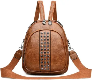 Functional and stylish women's multi-compartment small leather backpack. (Brown)
