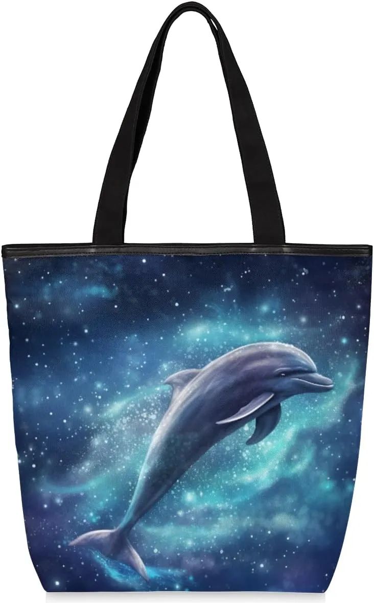 Galxy Dolphin Canvas Tote Bag for Women Large Tote Bag with Zipper & Pockets Canvas Beach Bag Shoulder Bag Reusable Shopping Bags Cute Tote Bags for Work Travel