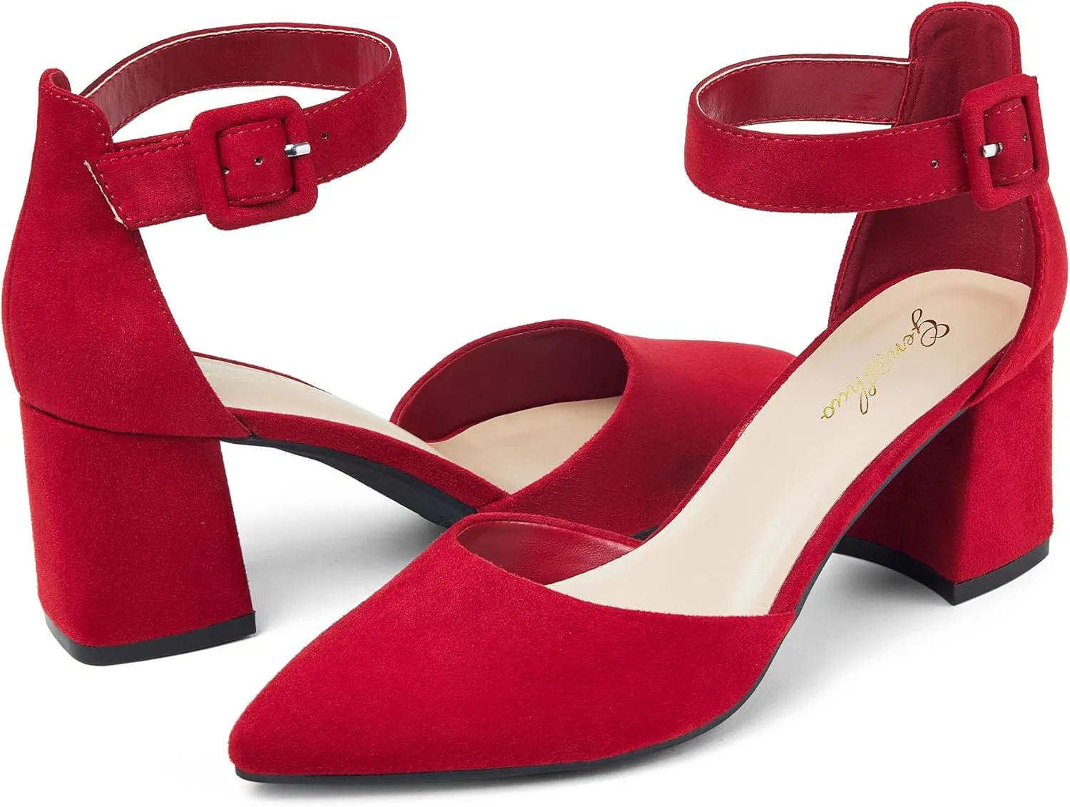 GENSHUO Women's Closed Toe Low Block Chunky Heels Pointed Toe 2 Inch Pumps with Ankle Strap Comfortable Dress Shoes for Daily Work Wedding Party