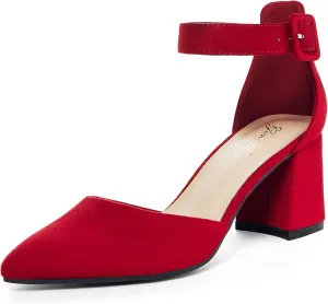 GENSHUO Women's Closed Toe Low Block Chunky Heels Pointed Toe 2 Inch Pumps with Ankle Strap Comfortable Dress Shoes for Daily Work Wedding Party