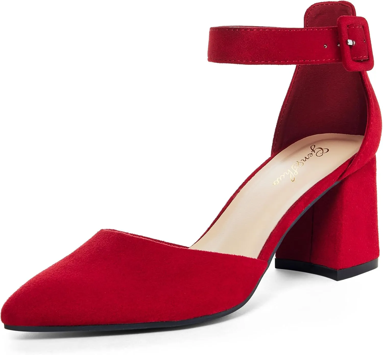 GENSHUO Women's Closed Toe Low Block Chunky Heels Pointed Toe 2 Inch Pumps with Ankle Strap Comfortable Dress Shoes for Daily Work Wedding Party