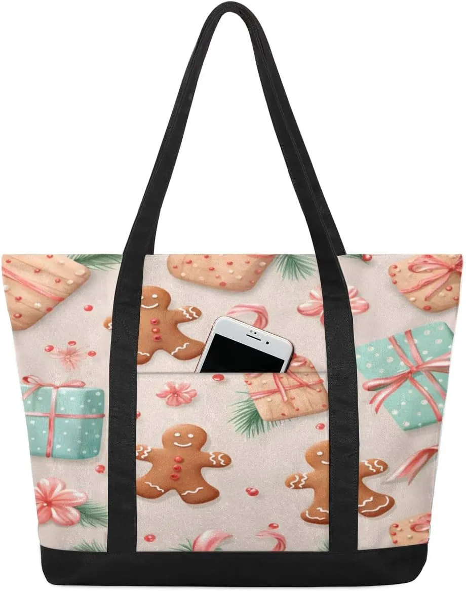 Gingerbread Man Gift Tote Bag for Women Work Canvas Travel Tote Bags with Zipper Large Capacity Casual Handbag with Inner Pockets Reusable Shopping Shoulder Bag for Teacher Nurse