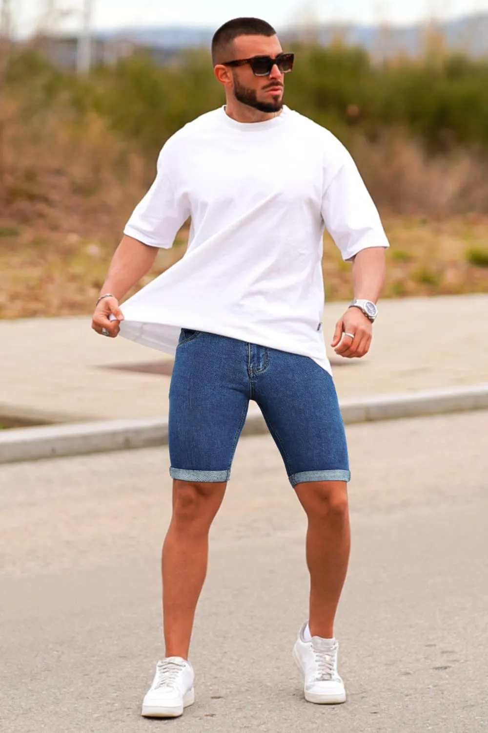GINGTTO Men's Denim Shorts Slim Fit Stretch Short Jeans