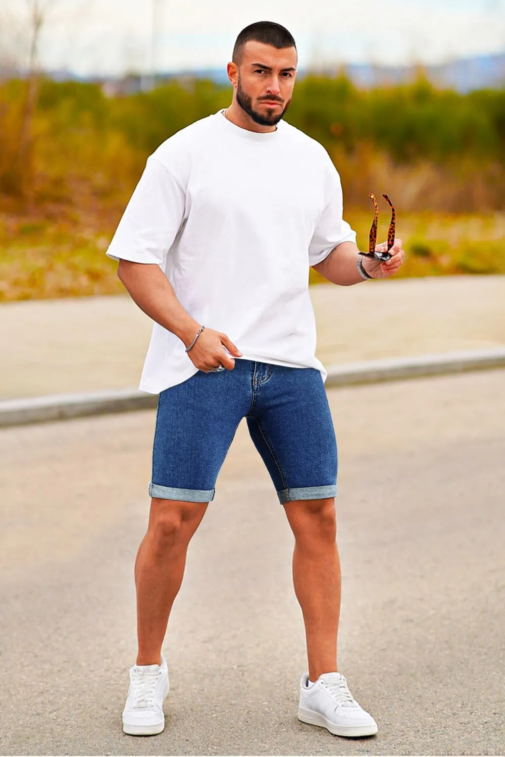 GINGTTO Men's Denim Shorts Slim Fit Stretch Short Jeans