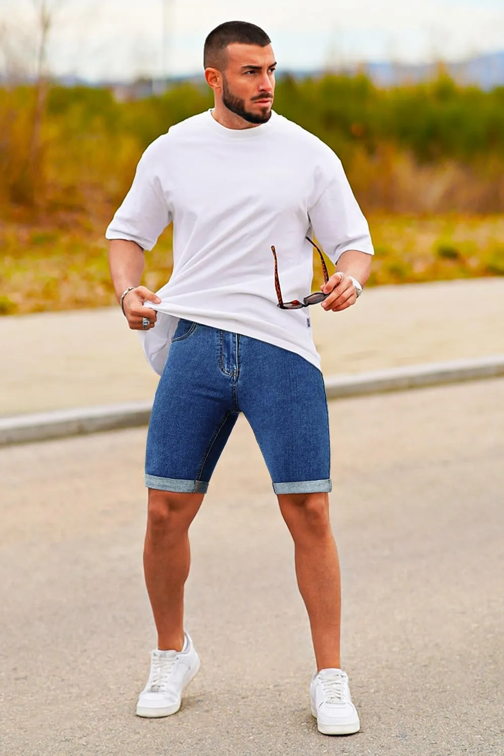 GINGTTO Men's Denim Shorts Slim Fit Stretch Short Jeans