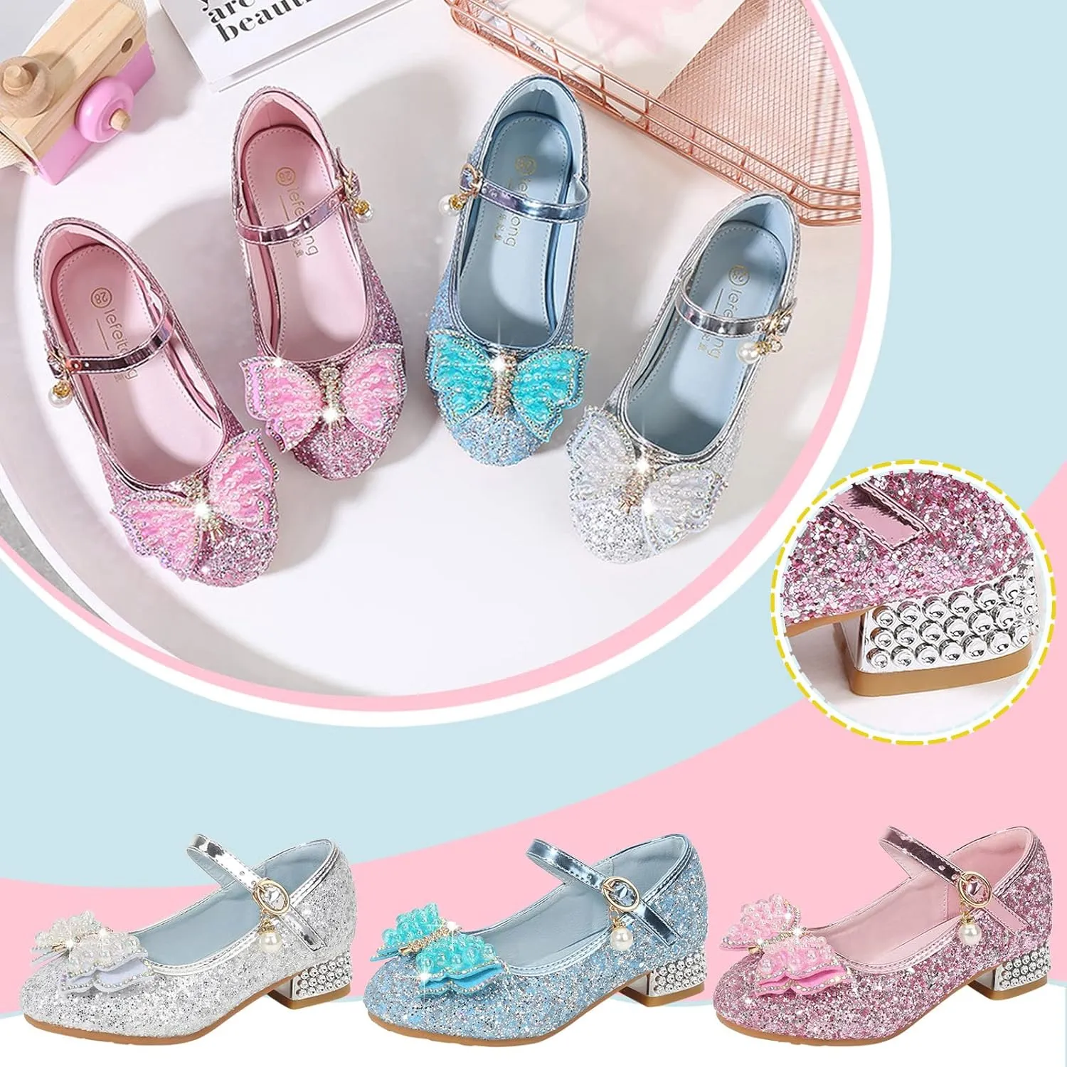 Girls Heels, Mary Jane Glitter Shoes Bows Sequin Party Footwear Dress Shoes Flower Girls Shoes for Wedding Party