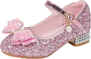 Girls Heels, Mary Jane Glitter Shoes Bows Sequin Party Footwear Dress Shoes Flower Girls Shoes for Wedding Party