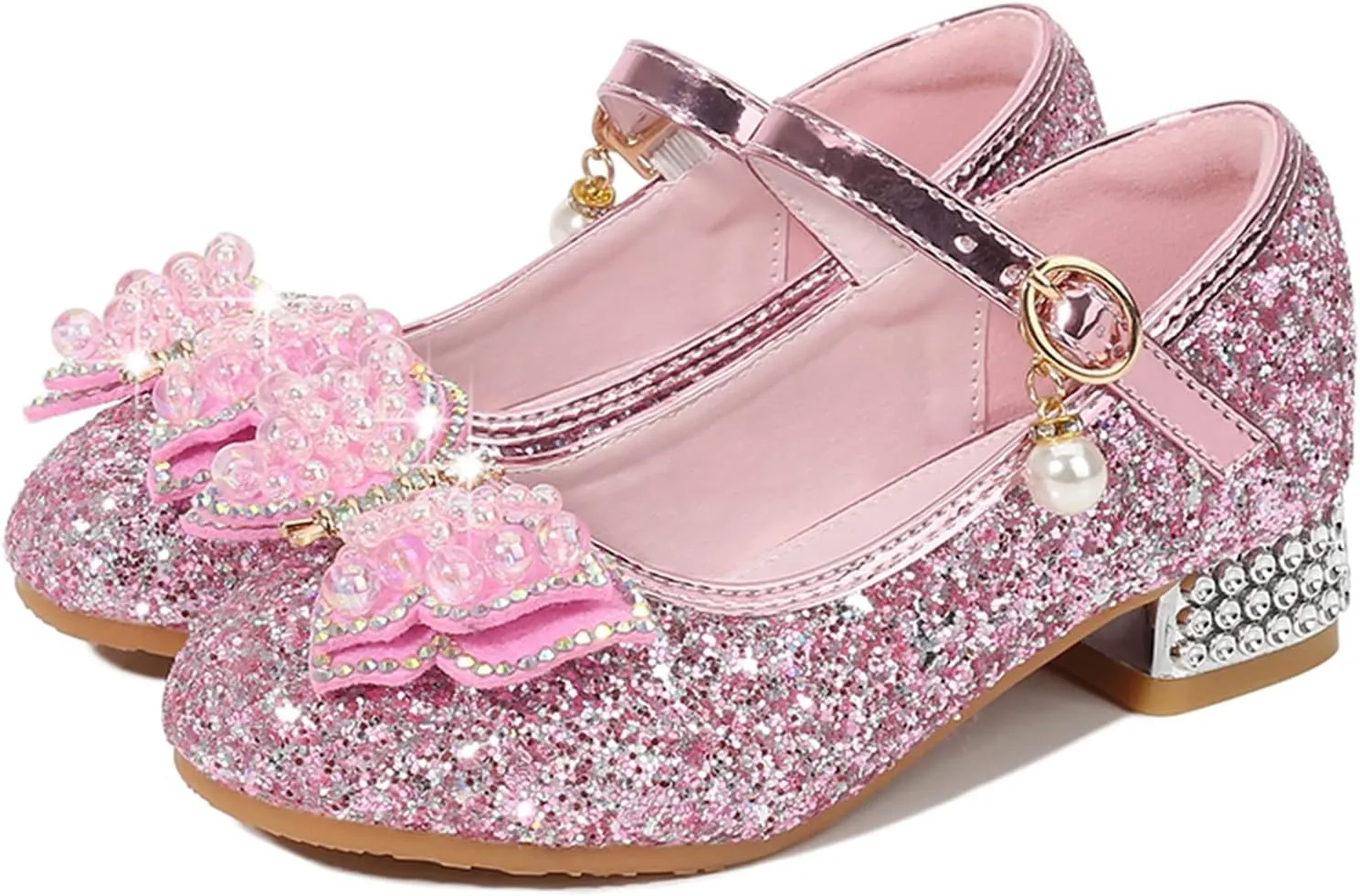 Girls Heels, Mary Jane Glitter Shoes Bows Sequin Party Footwear Dress Shoes Flower Girls Shoes for Wedding Party