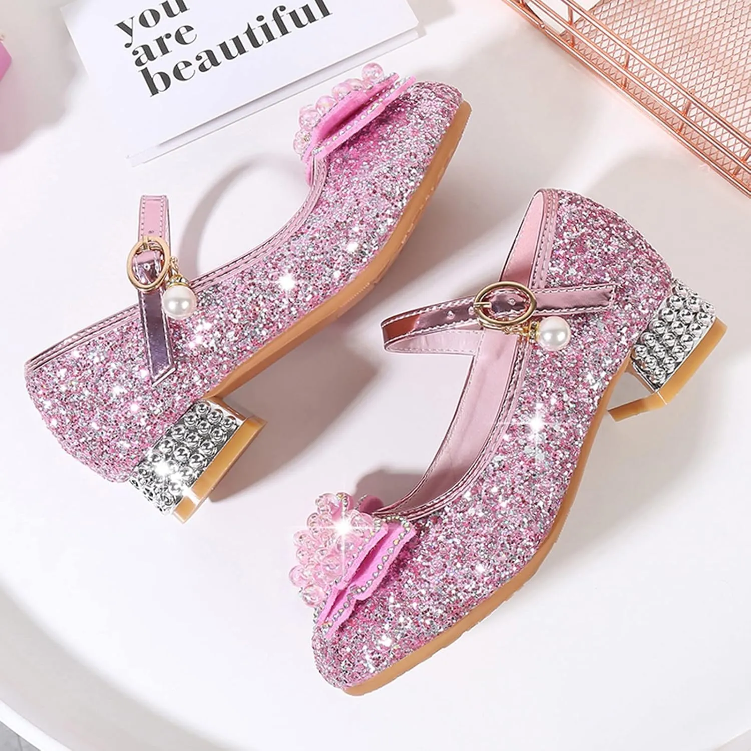Girls Heels, Mary Jane Glitter Shoes Bows Sequin Party Footwear Dress Shoes Flower Girls Shoes for Wedding Party