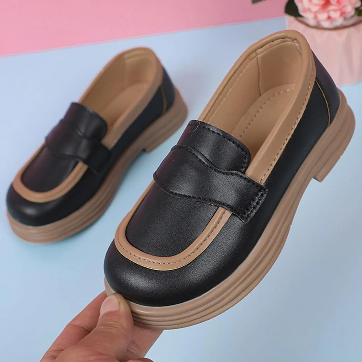 Girls School Mary Jane Shoes Chunky Heel Platform Slip On Fashion Casual Walking Shoes for Little Child Big Kids