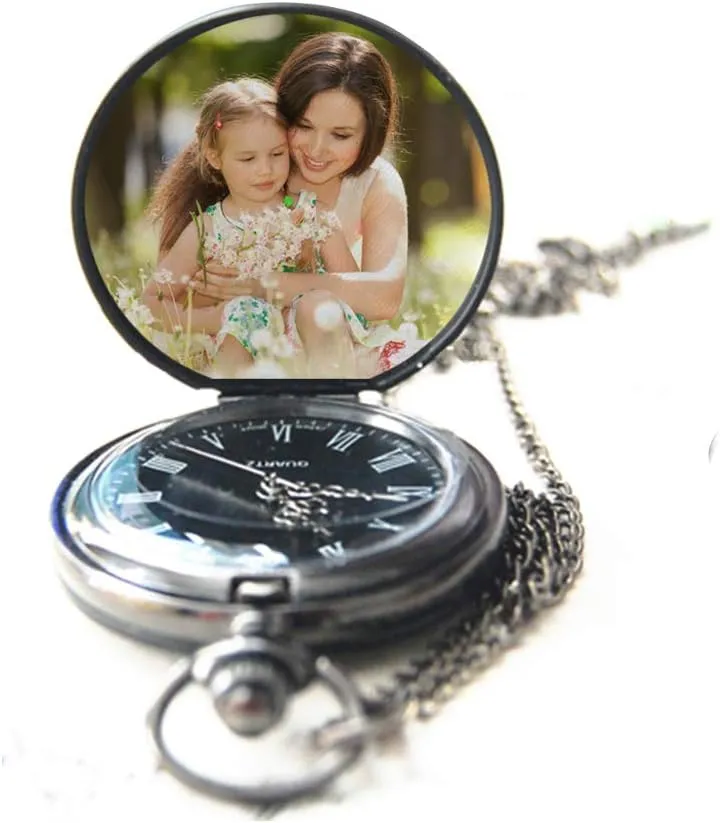 Godchoices Personalized Pocket Watch Custom Photo Pocket Watch with Chain for Men/Women Engraved with Any Words, Personalized Photo Gift for Father and Boyfriend