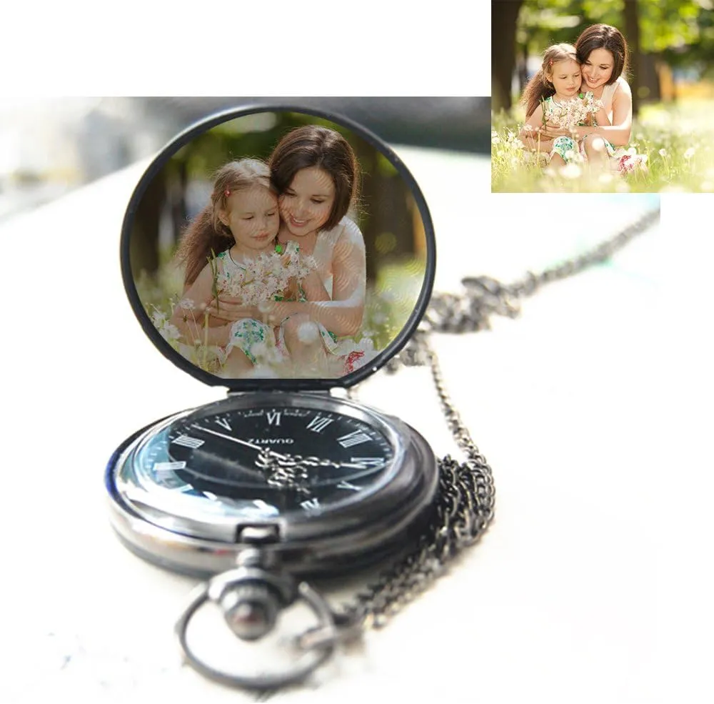 Godchoices Personalized Pocket Watch Custom Photo Pocket Watch with Chain for Men/Women Engraved with Any Words, Personalized Photo Gift for Father and Boyfriend
