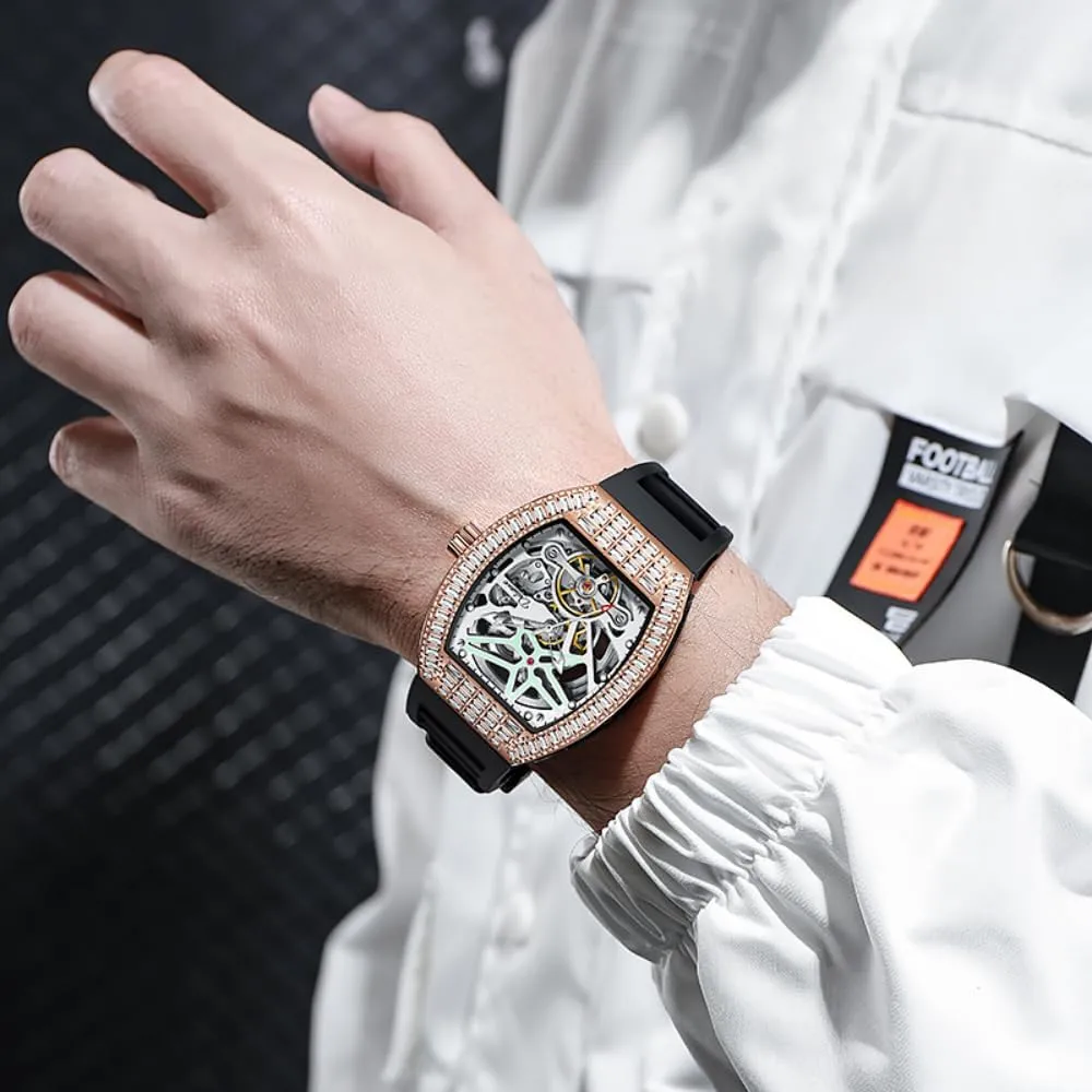 Gorgeous Tonneau Diamond Bezel Hollowed Out Jewelry Watch for Men Luxury Skeleton Tourbillon Automatic Mechanical Wrist Watch Trend Waterproof Luminous Watches