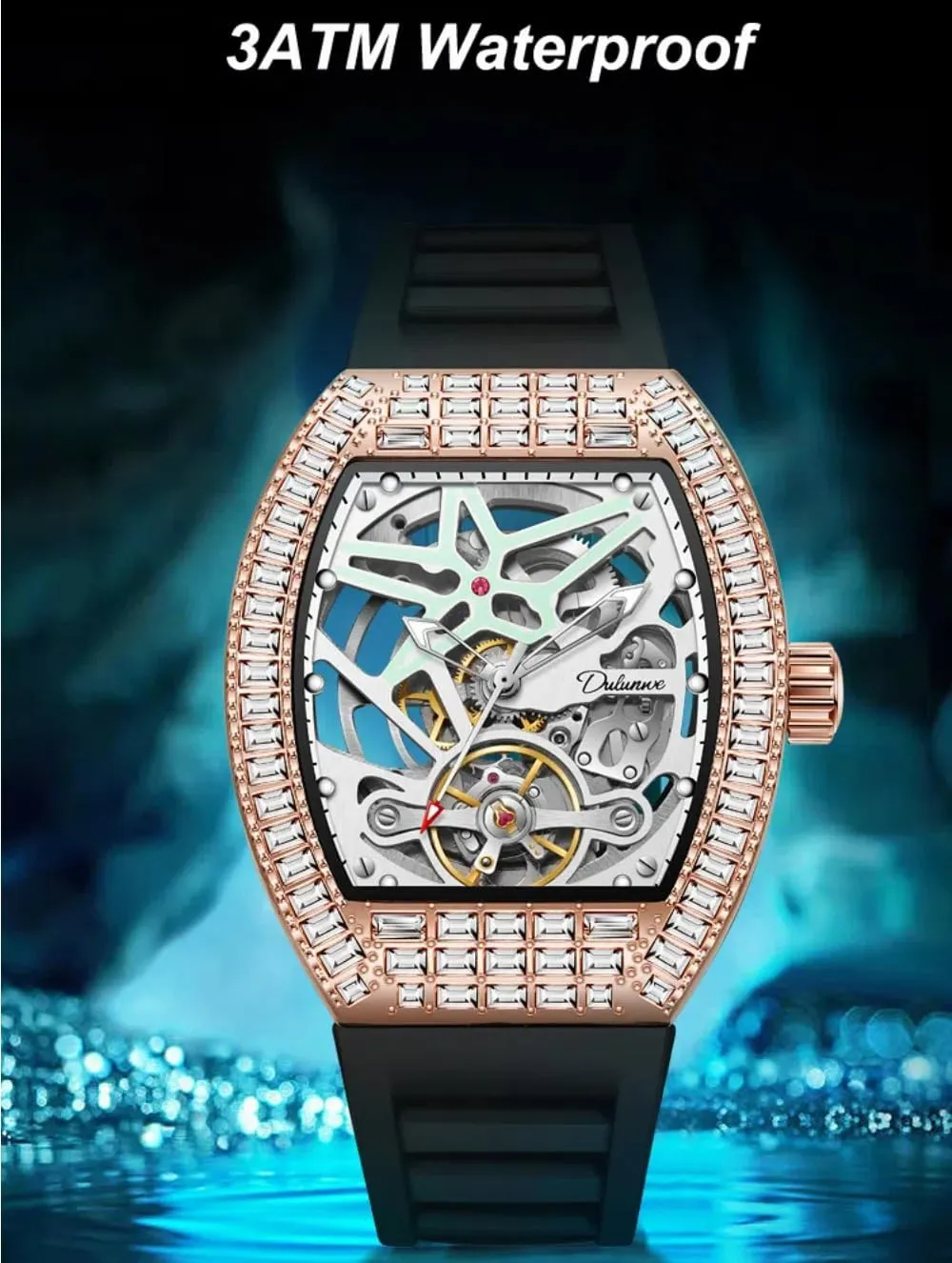 Gorgeous Tonneau Diamond Bezel Hollowed Out Jewelry Watch for Men Luxury Skeleton Tourbillon Automatic Mechanical Wrist Watch Trend Waterproof Luminous Watches