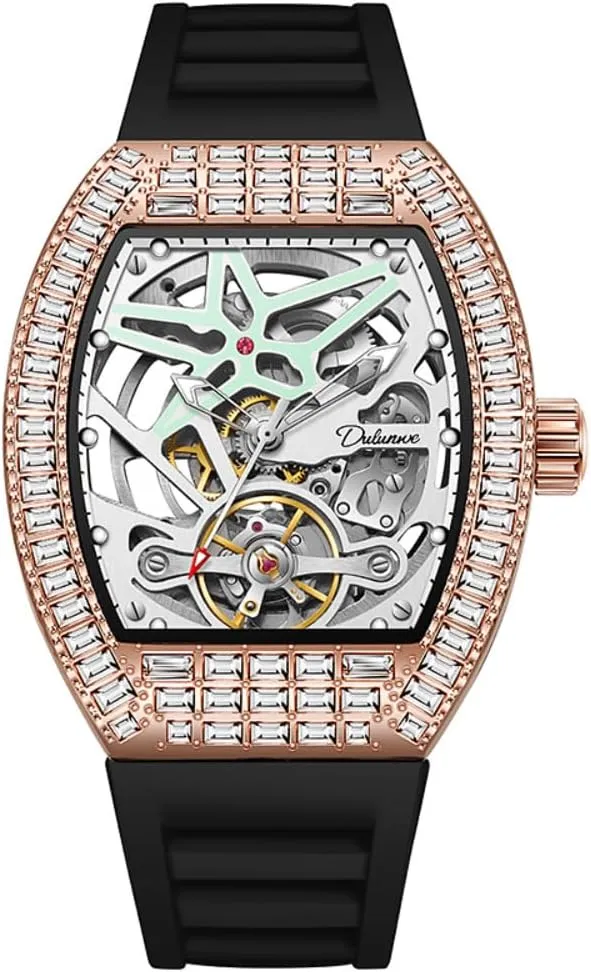 Gorgeous Tonneau Diamond Bezel Hollowed Out Jewelry Watch for Men Luxury Skeleton Tourbillon Automatic Mechanical Wrist Watch Trend Waterproof Luminous Watches