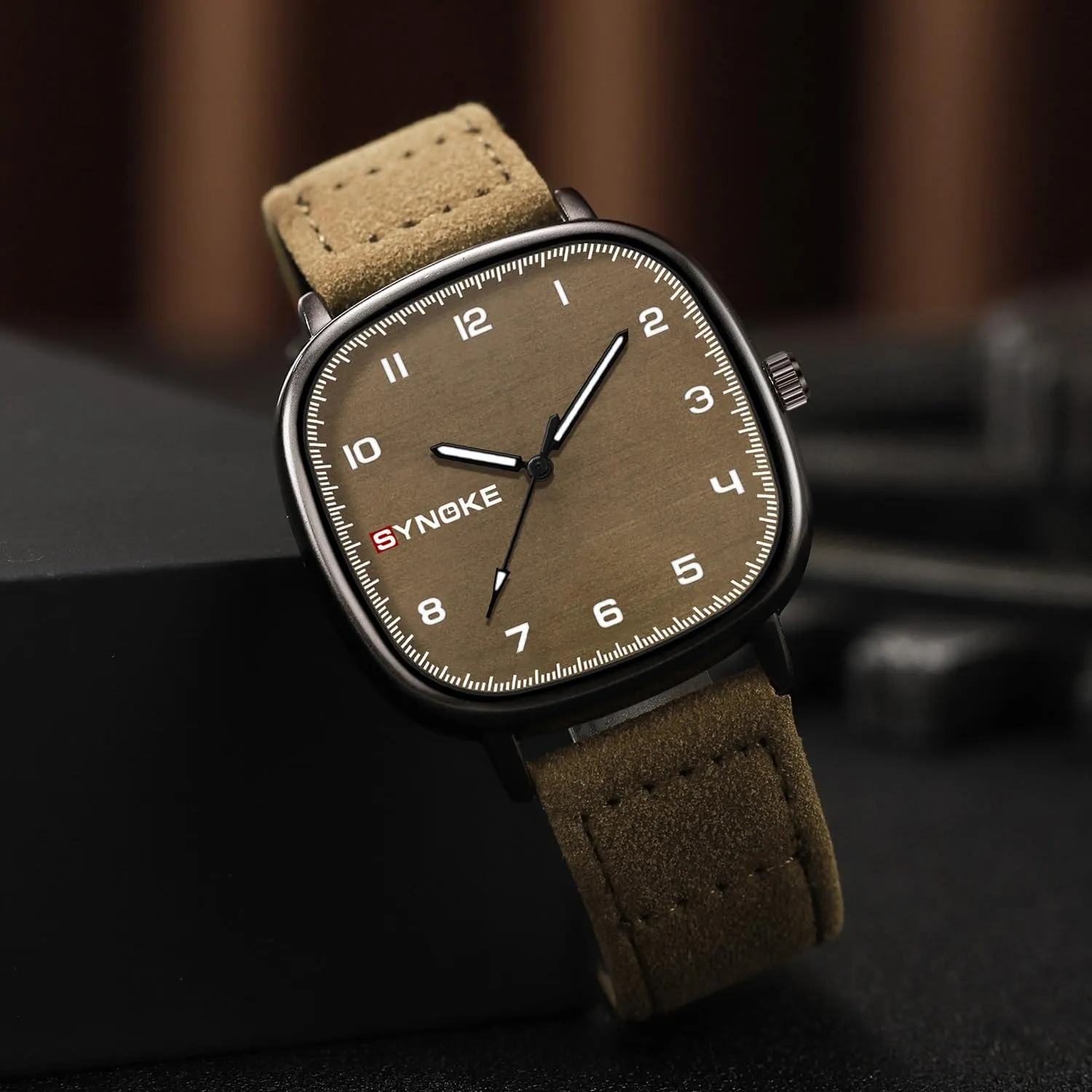Gosasa Retro Vintage Square Mens Quartz Watch Fashion Simple Business Casual Quartz Watch Waterproof Easy to Read Dial Sports Wristwatch with Leather Strap