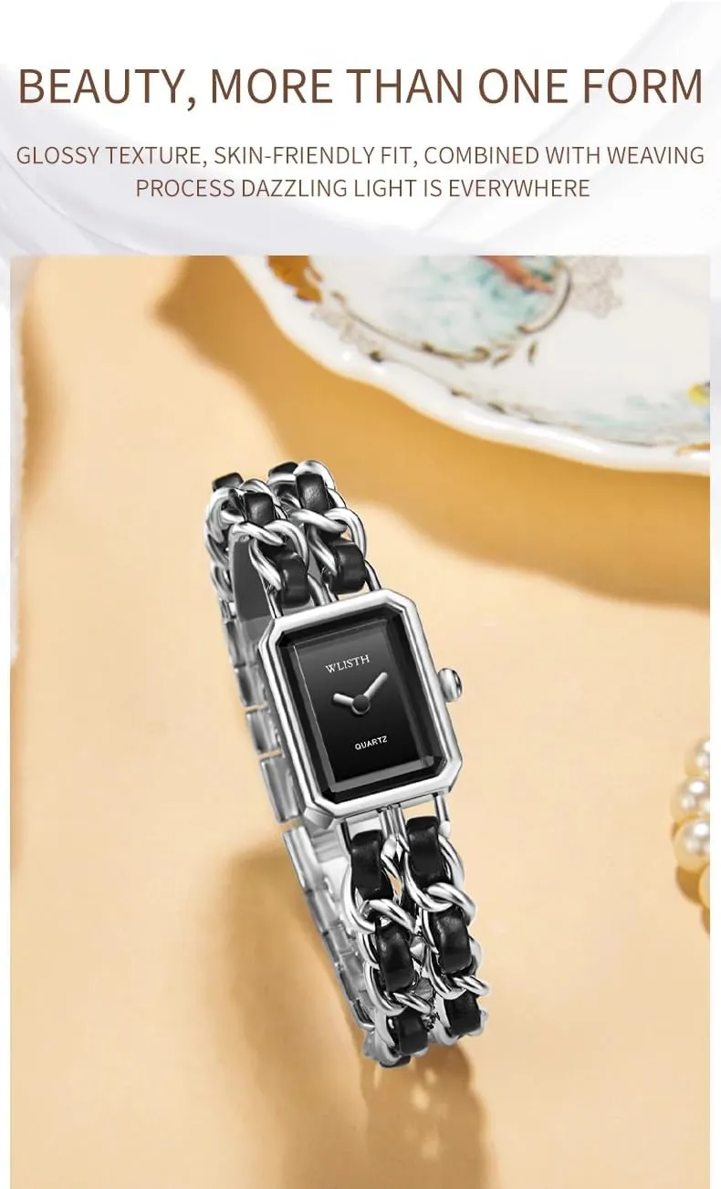 Gosasa Women's Elegant Dress Watch Chain Braid Band Fashion Square Bracelet Watches for Women Retro Minimalist Analog Quartz Waterproof Ladies Watch