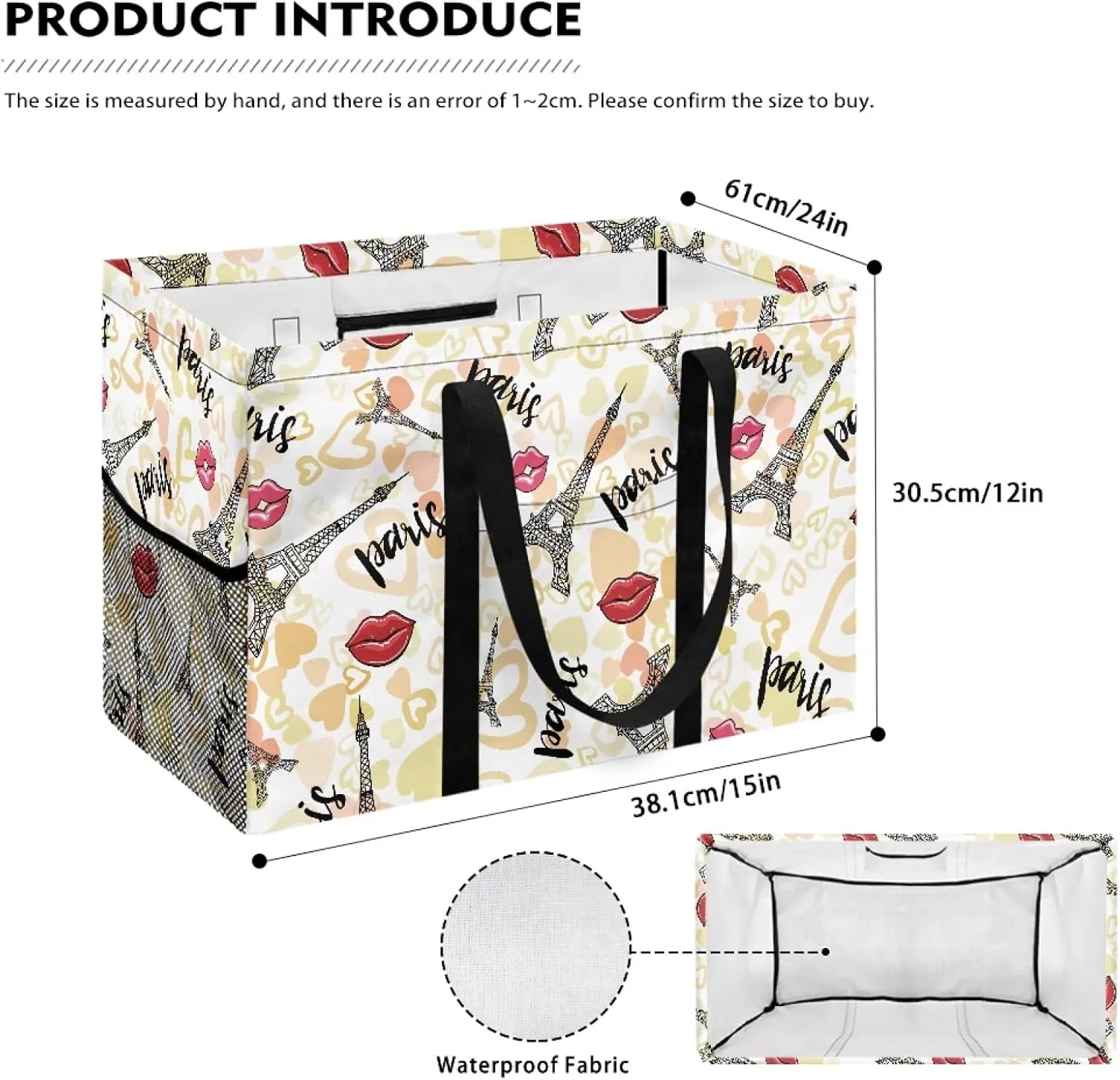 GOSTONG Reusable Grocery Bags Heavy Duty Shopping Box Foldable Saving Space Standing Tote Bags Laundry Hampers with Long Handles-Eiffel Tower