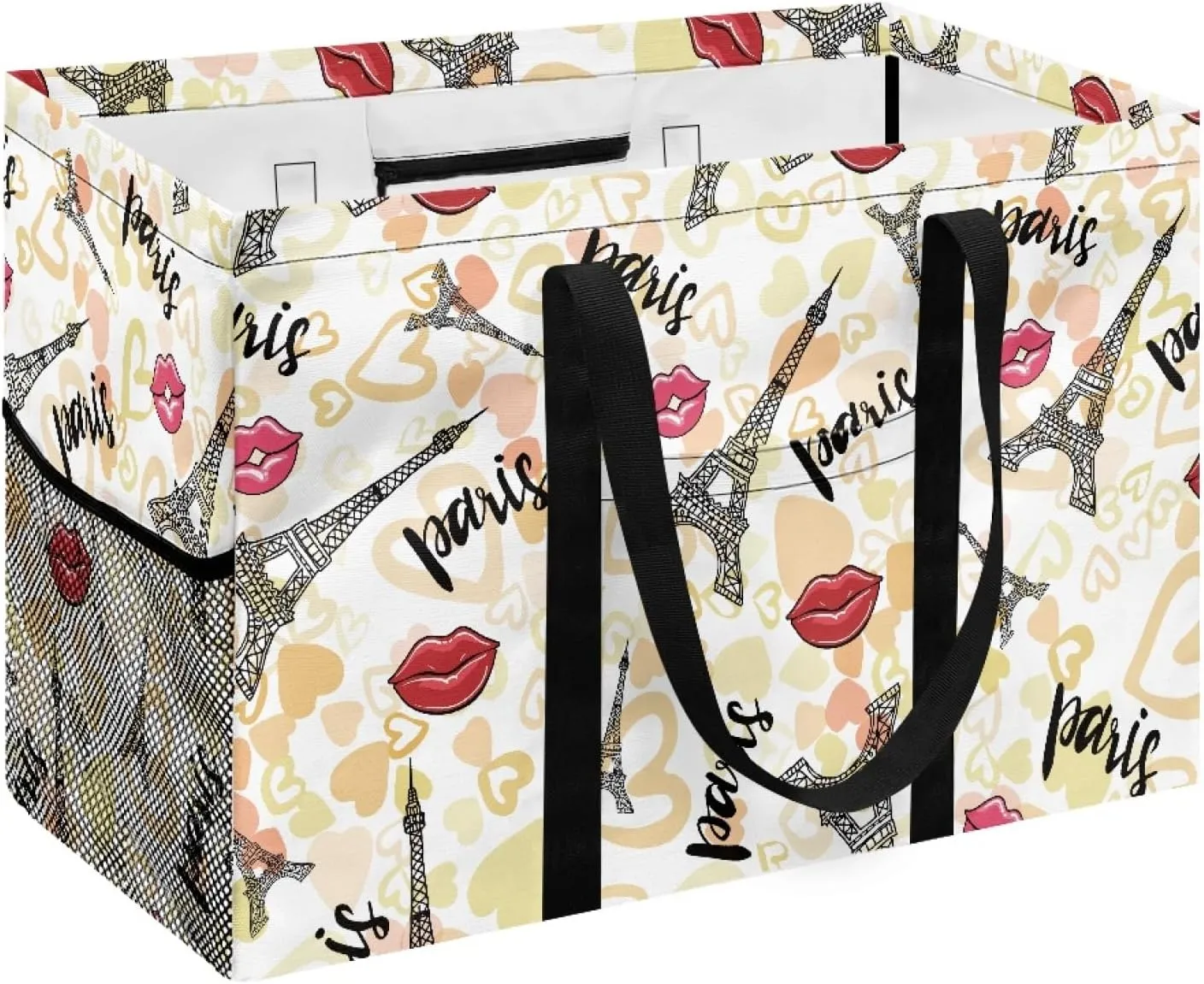 GOSTONG Reusable Grocery Bags Heavy Duty Shopping Box Foldable Saving Space Standing Tote Bags Laundry Hampers with Long Handles-Eiffel Tower