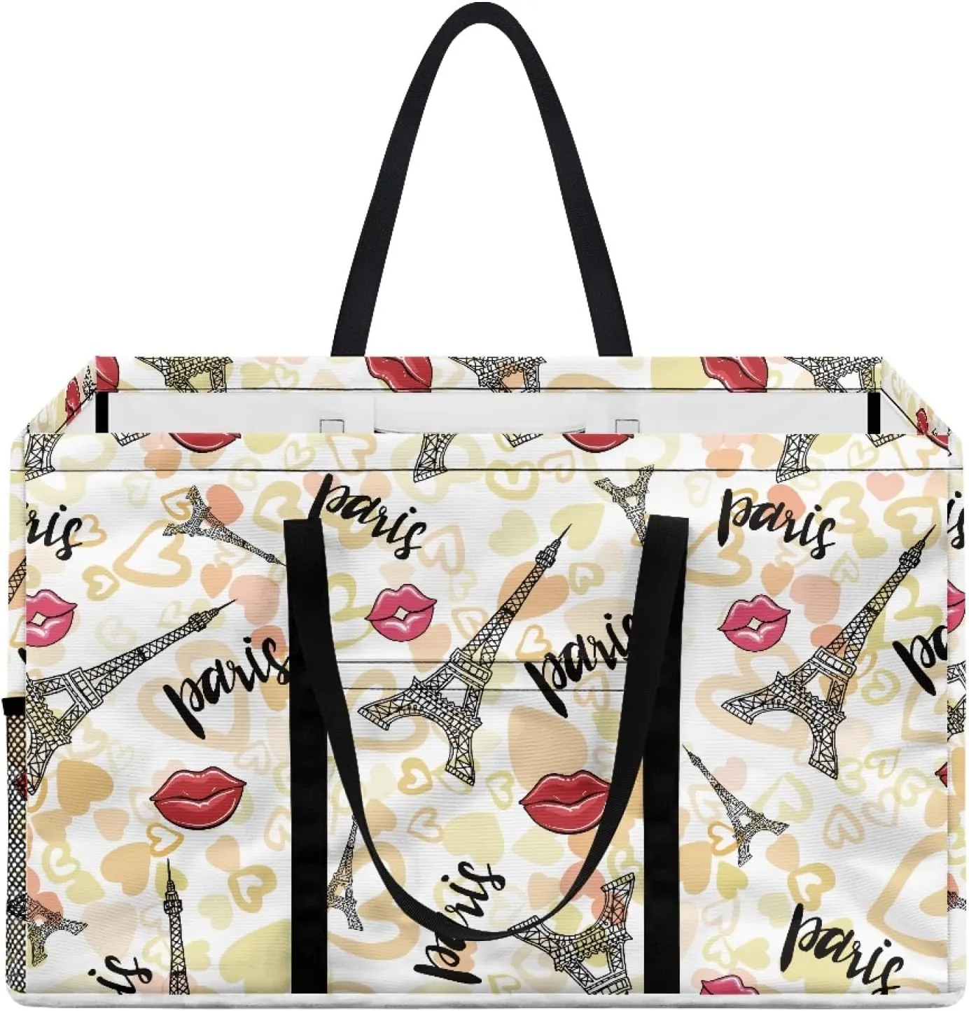 GOSTONG Reusable Grocery Bags Heavy Duty Shopping Box Foldable Saving Space Standing Tote Bags Laundry Hampers with Long Handles-Eiffel Tower