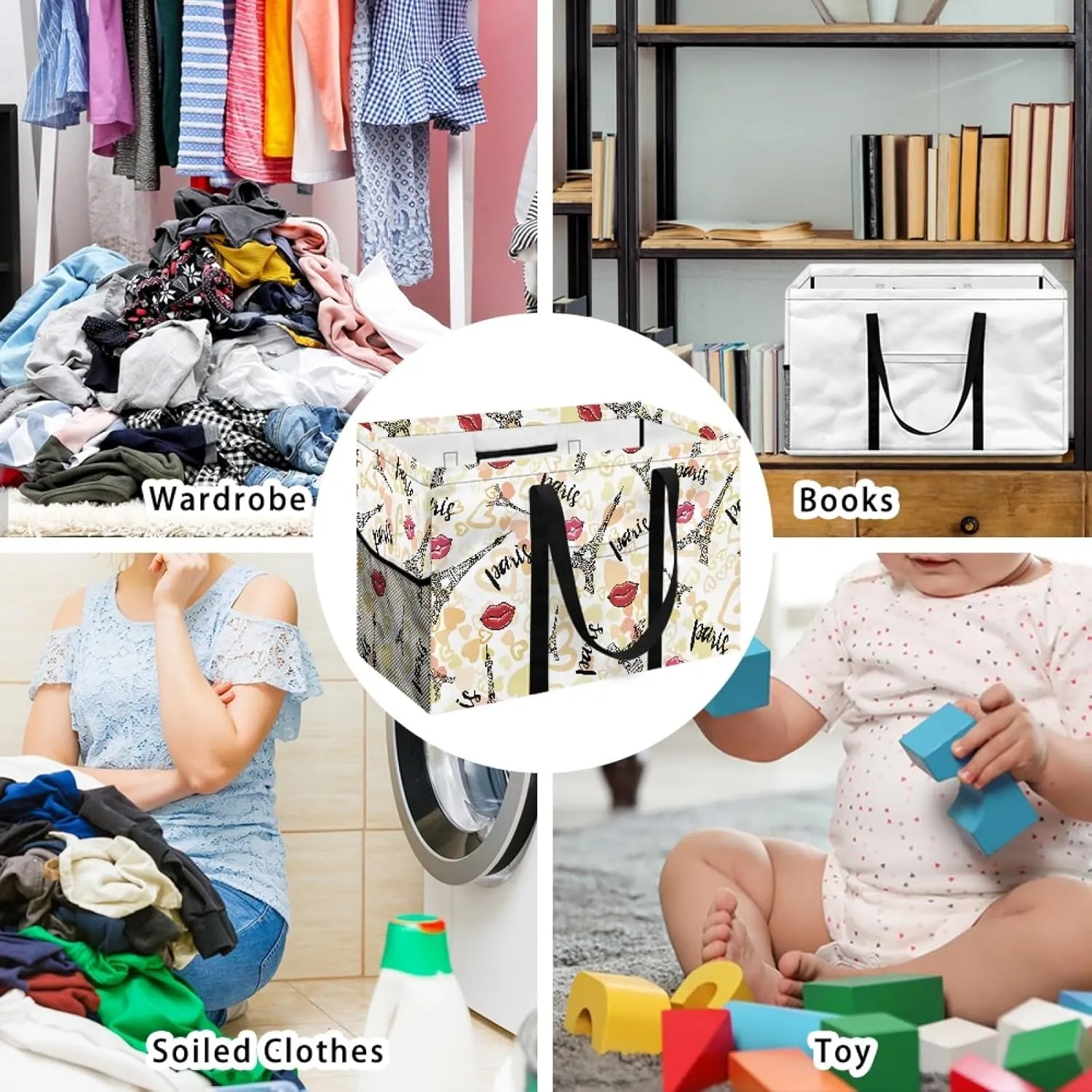 GOSTONG Reusable Grocery Bags Heavy Duty Shopping Box Foldable Saving Space Standing Tote Bags Laundry Hampers with Long Handles-Eiffel Tower