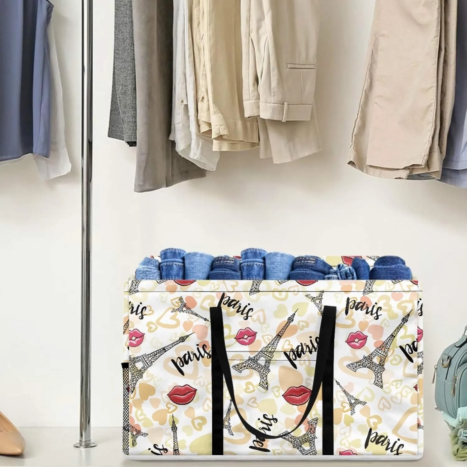 GOSTONG Reusable Grocery Bags Heavy Duty Shopping Box Foldable Saving Space Standing Tote Bags Laundry Hampers with Long Handles-Eiffel Tower