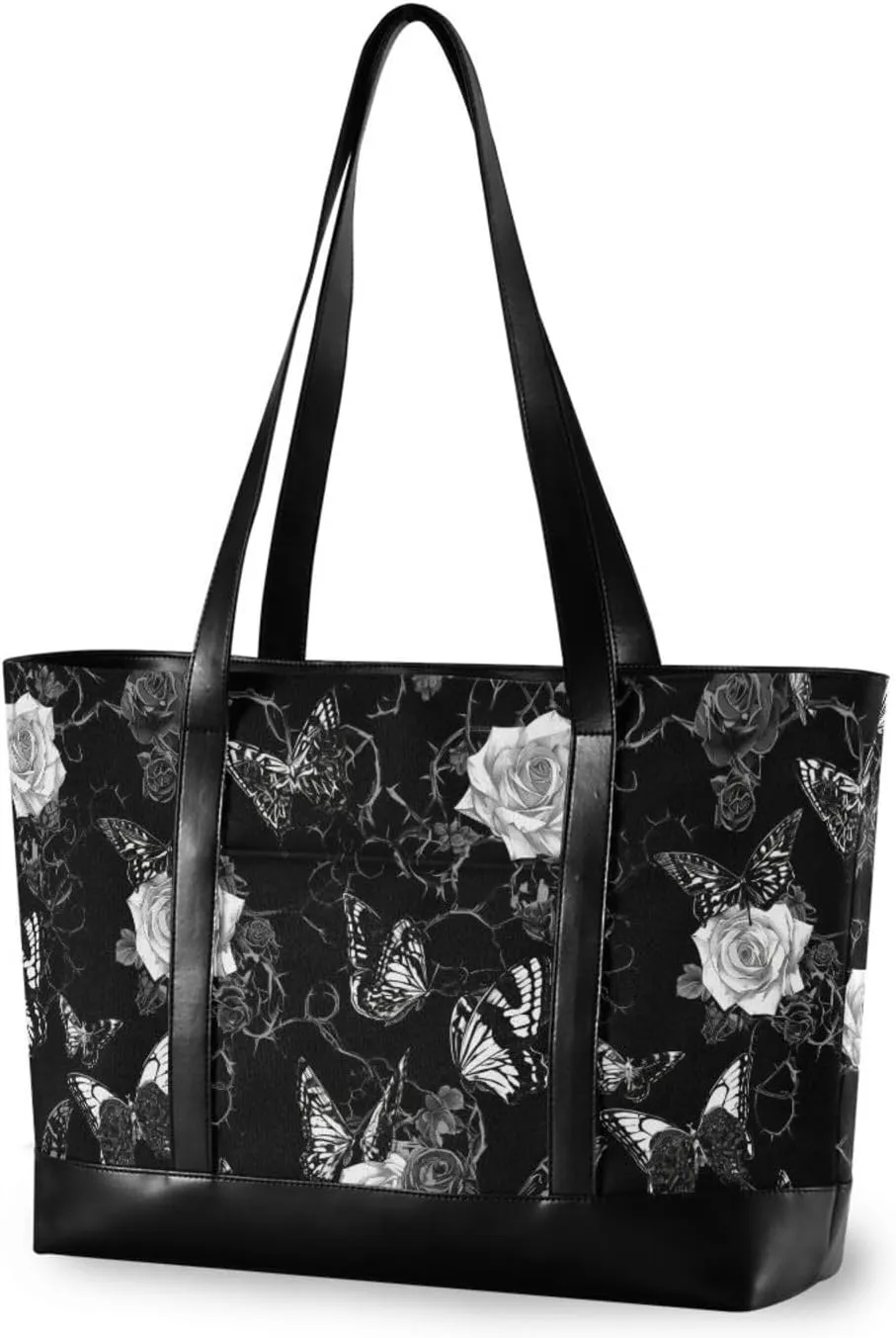 Gothic Darkness Rose Butterflies Large Capacity canvas laptop tote bag with zipper for Travel Pool Swim Beach Vacation Necessities with diaper bolsos para mujeres