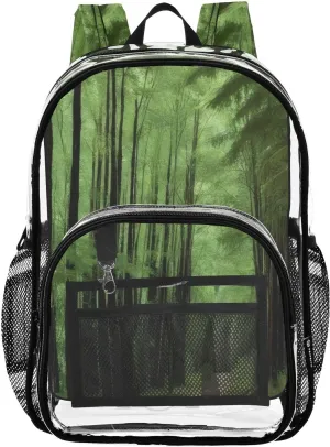 Green Forest Path Clear Backpack with Back Print, Heavy Duty See Through Backpacks PVC Transparent Daypack for Travel Security