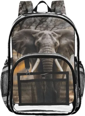 Grey Elephant Tropical African Clear Backpack with Back Print, Heavy Duty See Through Backpacks PVC Transparent Daypack for Travel Security