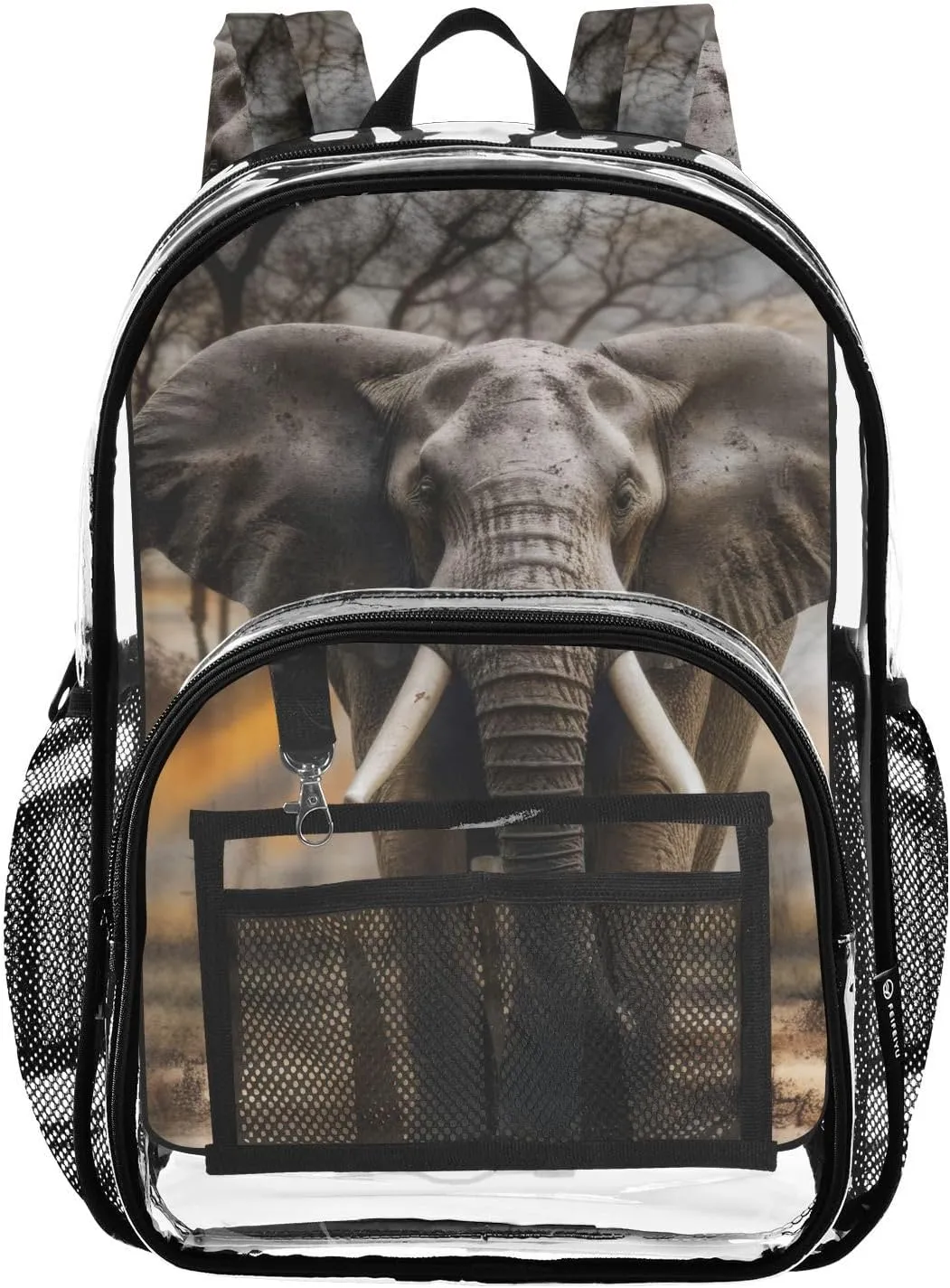 Grey Elephant Tropical African Clear Backpack with Back Print, Heavy Duty See Through Backpacks PVC Transparent Daypack for Travel Security
