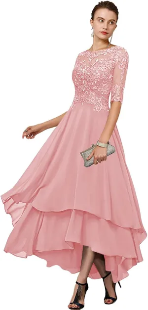 GUKARLEED Women's 1/2 Sleeve Mother of The Bride Dresses Layered Chiffon Formal Dress A-line Lace Hi Lo Wedding Guest Gowns