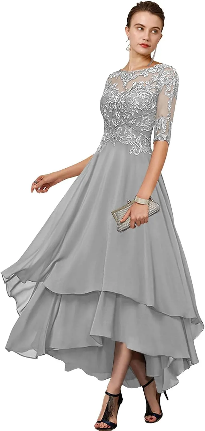 GUKARLEED Women's 1/2 Sleeve Mother of The Bride Dresses Layered Chiffon Formal Dress A-line Lace Hi Lo Wedding Guest Gowns