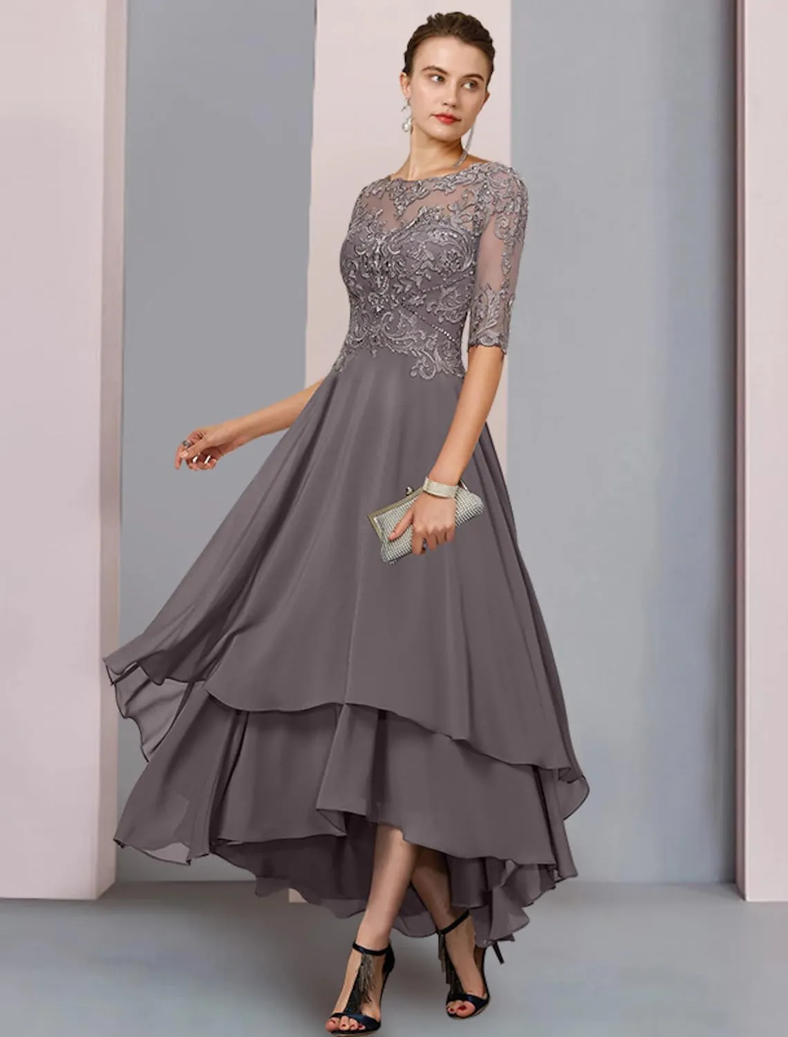 GUKARLEED Women's 1/2 Sleeve Mother of The Bride Dresses Layered Chiffon Formal Dress A-line Lace Hi Lo Wedding Guest Gowns