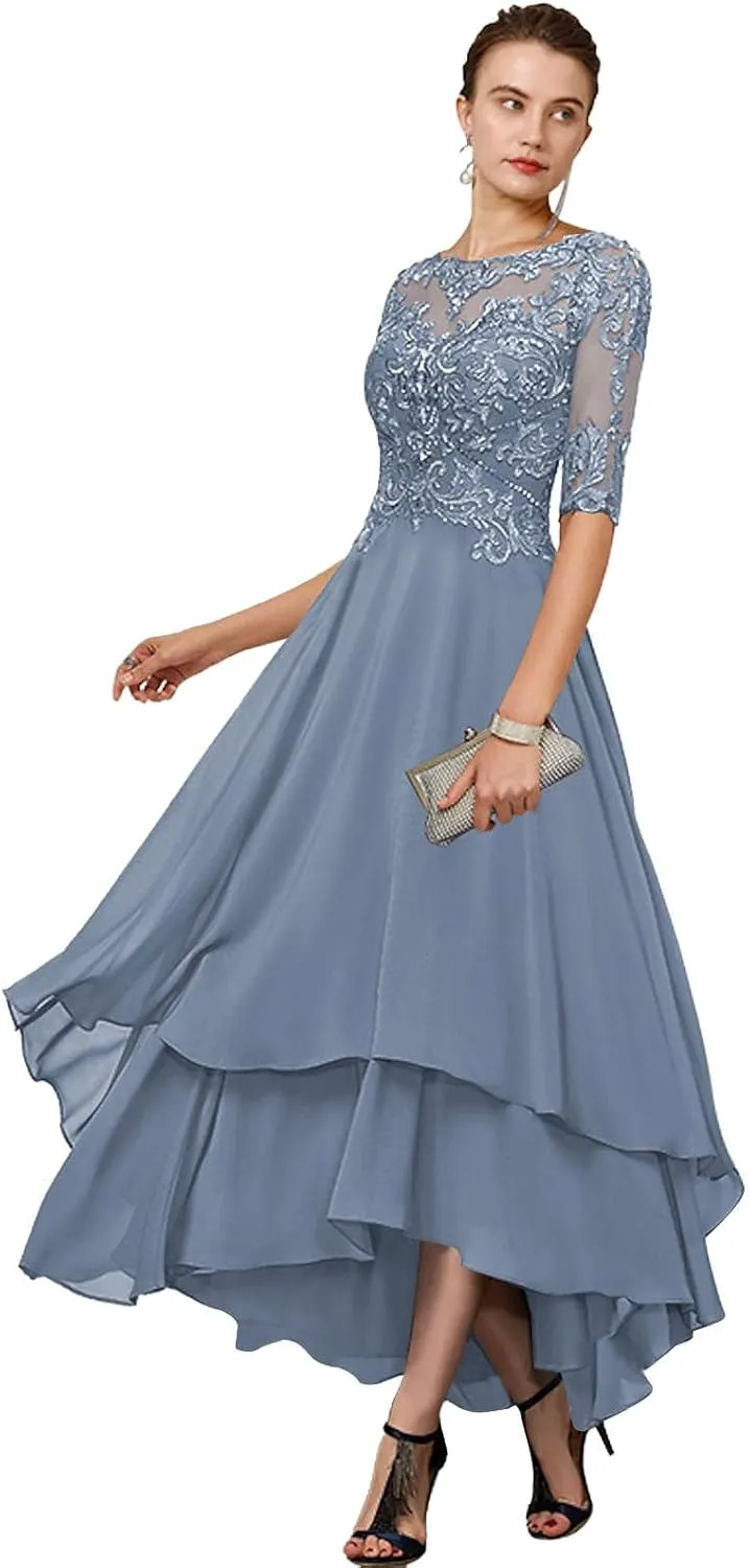 GUKARLEED Women's 1/2 Sleeve Mother of The Bride Dresses Layered Chiffon Formal Dress A-line Lace Hi Lo Wedding Guest Gowns