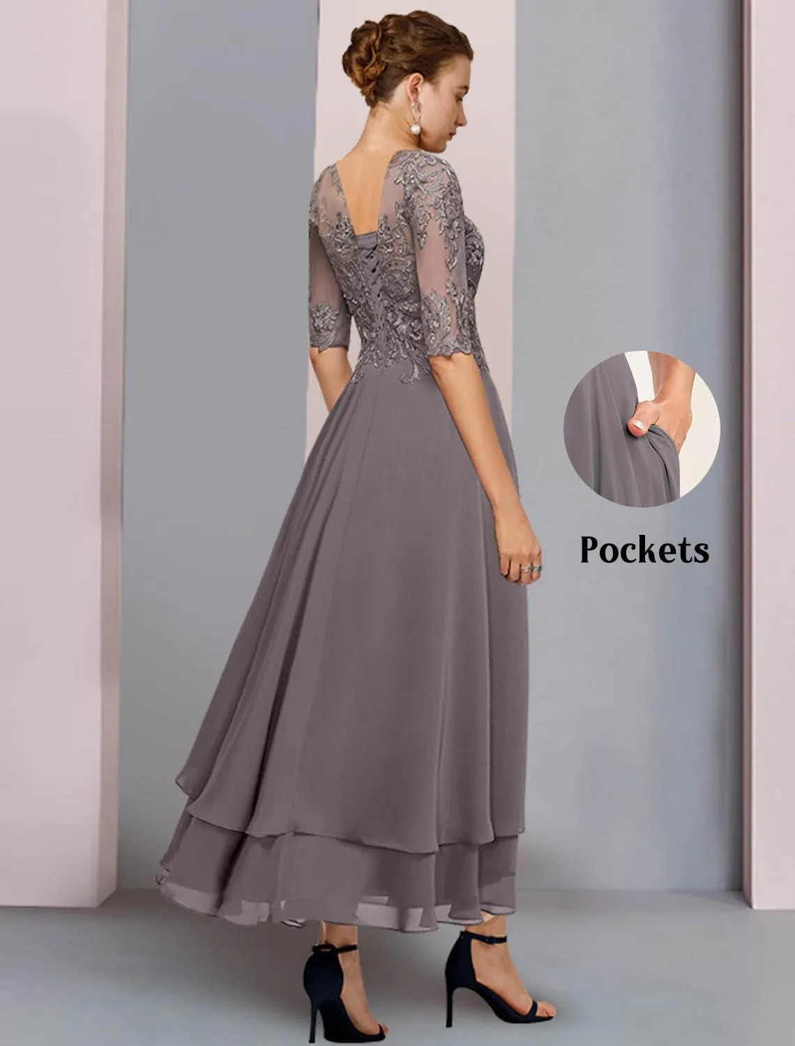 GUKARLEED Women's 1/2 Sleeve Mother of The Bride Dresses Layered Chiffon Formal Dress A-line Lace Hi Lo Wedding Guest Gowns