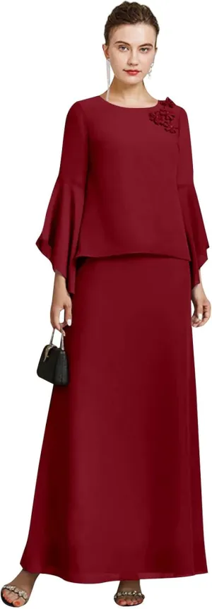 GUKARLEED Womens Long Ruffle Sleeve Mother of The Bride Dresses 2 Pieces Scoop Neck Formal Dress Chiffon Wedding Guest Dress