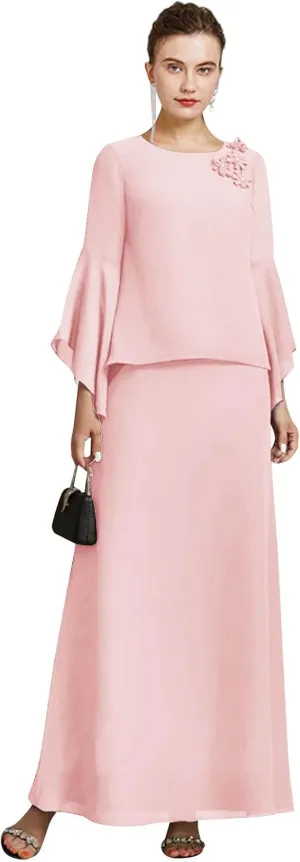 GUKARLEED Womens Long Ruffle Sleeve Mother of The Bride Dresses 2 Pieces Scoop Neck Formal Dress Chiffon Wedding Guest Dress