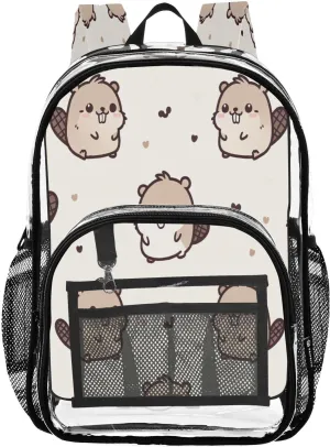 Happy Beaver Clear Backpack with Back Print, Heavy Duty See Through Backpacks PVC Transparent Daypack for Travel Security