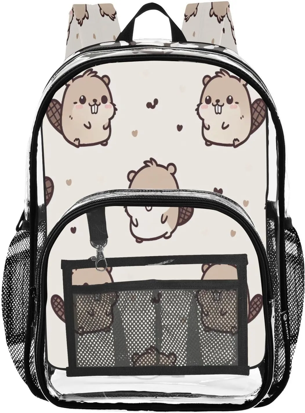 Happy Beaver Clear Backpack with Back Print, Heavy Duty See Through Backpacks PVC Transparent Daypack for Travel Security