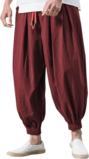 Harem Pants Men Drop Crotch Cotton Linen Pants 2025 Summer Causal Cinch Bottom Lounge Pants Elastic Waist Pants